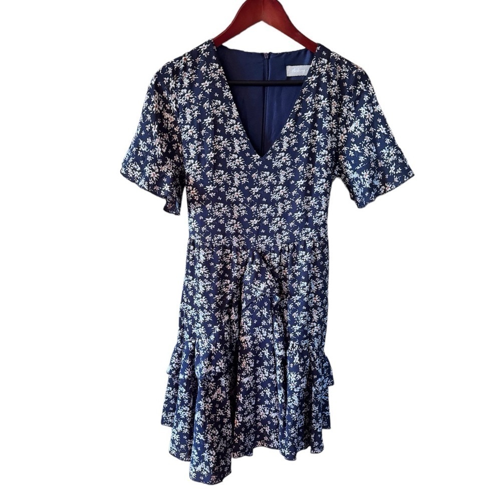 Belongsci Floral Mini Summer Dress Tea Style Navy Ruffled Hem Size Small - Picture 2 of 12